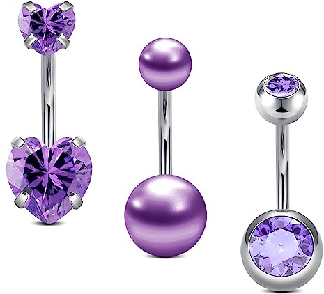 FECTAS 3pcs Vientre Barras morado 10mm Acero inoxidable 14G Anillos para el ombligo Corazón Joyería Piercing Mujeres