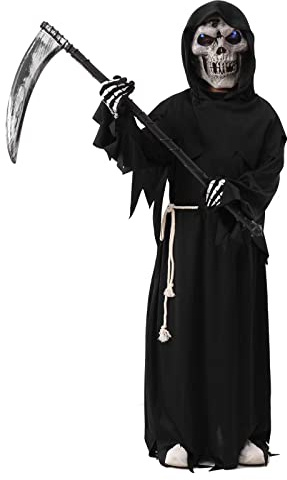 ZUCOS - Costume da Sensemann con falce, maschera con teschio, guanti con teschio, costume unisex da Grim Reaper per decorazioni e feste di Halloween (nero, 10-12 anni)