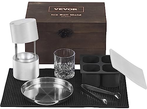 VEVOR Ice Ball Maker isbollspress set 60 mm, isbitsform isbollsform med droppskål och istång och glas, hållbara isbitsformar isbitsbehållare silver whisky, amerikansk