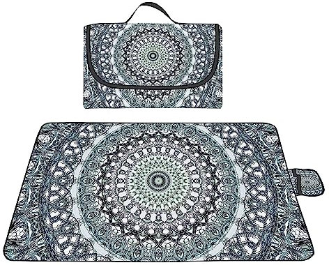 TengYuer Picknickdecke 180x200cm Stranddecke Wasserdicht Sandfrei Isoliert Faltbar Strandmatte mit Tragegriff Outdoor Campingdecke XXL für Camping Parks Strände Picknick Graues Mandala