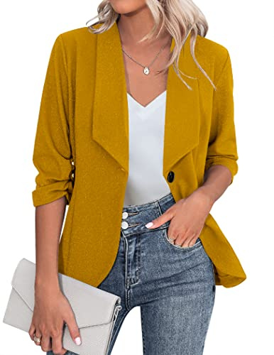 Zeagoo Dam blazer elegant 3/4-ärm business långblazer, smal passform, kavaj, vardagligt arbete, kavaj, kostym S–3XL, Curry Gul, XXL