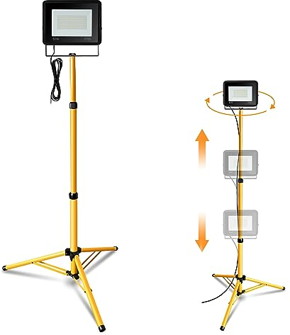 Jiubiaz Foco LED con trípode, 50 W, 4250 lm, incluye trípode de altura ajustable y cable de 1 m, foco LED de 3000 K, blanco cálido, resistente al agua, IP66, lámpara de construcción para taller (sin