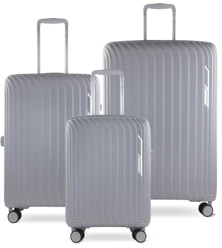 bugatti Hera 3er Hartschalen-Koffer-Set mit 4-Rollen (S,M,L), leichte Reise-Koffer aus PP Light und Handgepäck-Trolley, hellgrau
