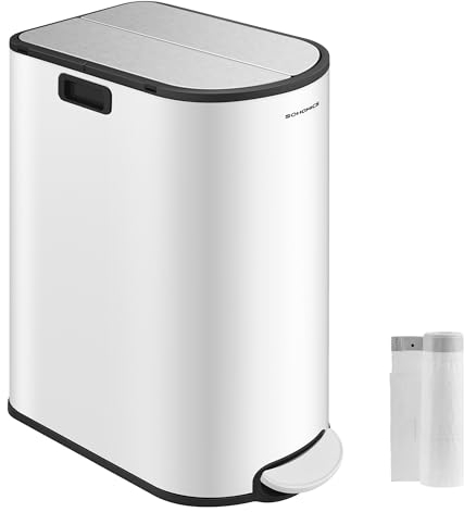 SONGMICS Mülleimer Küche, Mülltrennsystem 2 Fächer, 30 L und 20 L, schmaler Abfalleimer, Treteimer für Recyclingmaterialien und Abfall, mit 2-teiligem Deckel, wolkenweiß-metallicsilber LTB570W02