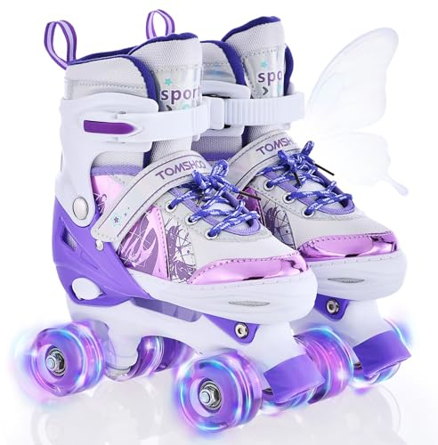 TOMSHOO Roller Skates for Girls Boys Kids Roller Skates 4 Sizes Adjustable Quad Skates With Light Up Wheels Roller Boots for Indoor Outdoor Birthday Gift (Purple, Medium(UK1-3))