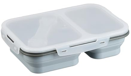 Relaxdays Lunchbox, 2 Fächer, faltbar, mikrowellengeeignet, luftdicht, Silikon, Brotdose mit Besteck, Essensbox, grau