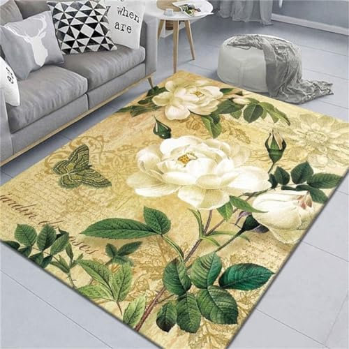 Kunsen Teppich bürostuhl geeignet terassen Teppich Freizeit Grünes Blattmuster weiße Blumendekoration leicht zu reinigen flokati Teppich waschbar 90X150CM