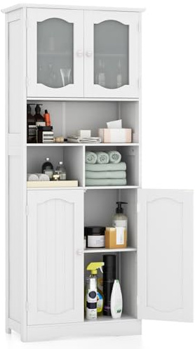 COSTWAY Badezimmerschrank, freistehender Hochschrank mit 4 Türen & Regalen & Verstellbarem Einlegeboden, Badschrank mit Kippschutz für Wohnzimmer, Badezimmer, Küche, Weiß, 60 x 30 x 148,5 cm