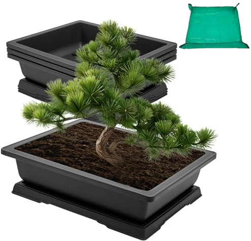 GROWNEER Bonsai-Trainingstöpfe für Bonsai-Baum, Starter-Set mit Drainage-Feuchtigkeitsschalen und Umtopfmatte, Blumenwachstums-Pflanzgefäß-Set für Garten, Innen- und Außenbereich, 3 Stück