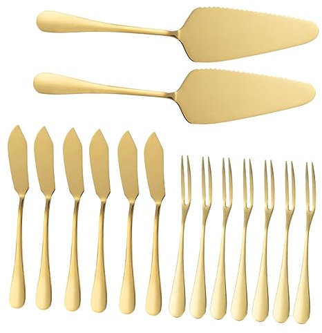 Cabilock Spatule à Gâteau en Acier Inoxydable Doré, Fourchette à Fruits et Couteau à Beurre, Ensemble 14 Pièces, Manches Ergonomiques, Outils de Pâtisserie pour Maison, Fête