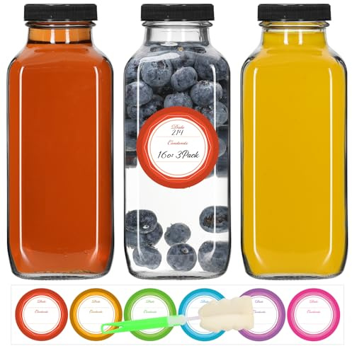 STARSIDE 16 oz Glass Juice Bottles with Lids,3 Pack Reusable Glass Drink Bottles,240ml Water Bottles for Milk,Juicing,Kombucha,Ginger,Beverage Glassware,Juice Drinking Jars