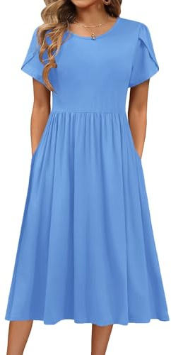 HOTOUCH Women Dresses Elegant Summer Midi Dress Short Sleeve Round Neck Tunic Dress Casual A Line Dresses with Pockets S-XXL