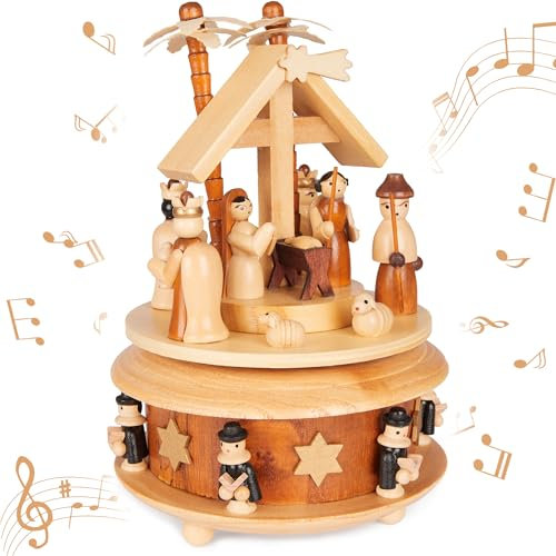 Brubaker Carillon in Legno - Presepe con Gesù, Maria e Giuseppe - Melodia: Astro del Ciel - Carillon Natalizio da 19 cm - Carosello Musicale con Stella di Betlemme e Cantori - Marrone Natura
