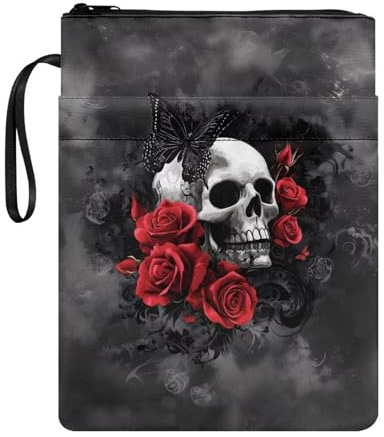 Wanyint Buchhülle für Taschenbücher, waschbar, Stoff, Buchhülle mit Reißverschluss, 29,6 x 22,6 cm, für Abschlussfeier, Geburtstag, Jahrestag, Gothic, Totenkopf, Schmetterling, Rose