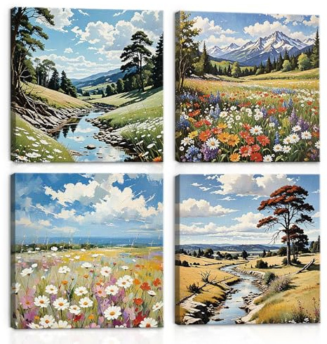 BINCUE 4 Stück Naturlandschaft Wandbilder Wald Bidler Deko Blumen 40x40cm