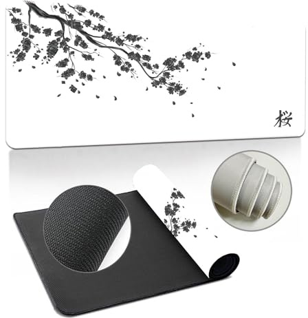 Hearda 3D Mauspad XXL/XL/L, Elegante Sakura Gaming Mauspad, Vernähte Kanten Mousepad, Abstraktes Mousepad für Büro, Zuhause (Weiß, 900x400x3mm)