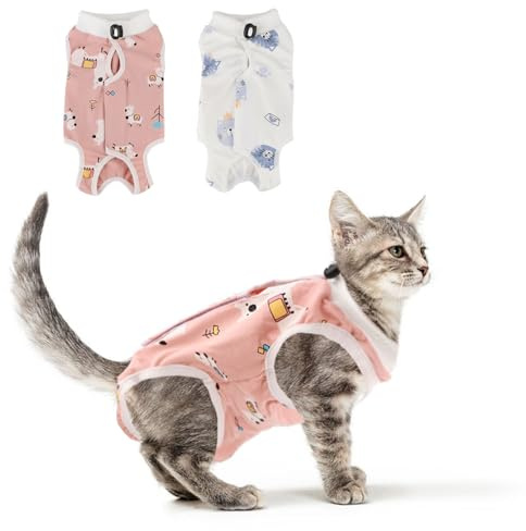 2PCS Cat Recovery Suit - Breathable Cat Surgical Recovery Suit, Onesie for Cats After Surgery Recovery, Alternative Cone of Shame Abdominal Wound Skin Wear Protection (Pink+White, S)