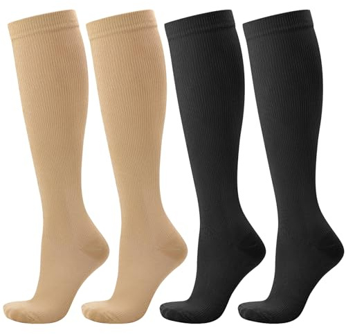 Zuimei 2 Pairs Compression Socks for Women&Men Circulation 20-30 mmhg Flight Socks Knee High Compression Stockings for Athletic Nurse Running Travel(Black&Skin Colour,S/M)