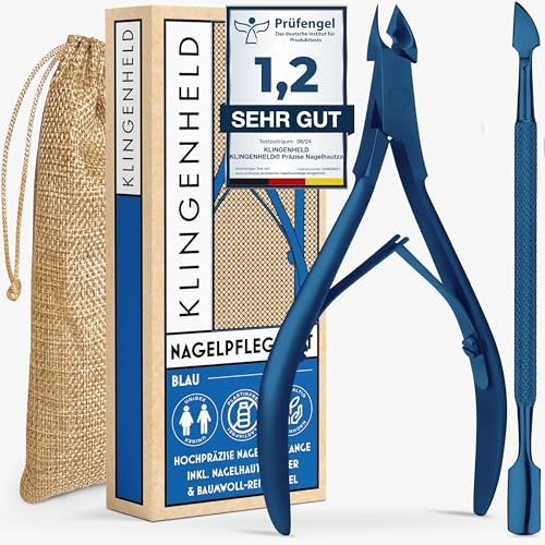 KLINGENHELD® Exakta nagelbandsklippare med 1 nagelbandspusher – mycket slät och extra skarp – inkluderar resefodral tillverkad av bomull 100 % plastfri och hållbar – nagelbandssax, nagelbandsklippare