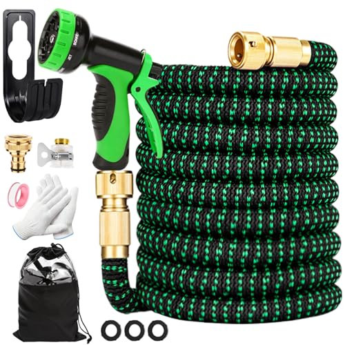 BBWELL Tubo di irrigazione estensibile 15 m, tubo di irrigazione con ugello di spruzzatura a 10 funzioni, raccordi in lega di rame 1/2 e 3/4, tessuto 2500D, giardino Hose leggero anti-pieghevole
