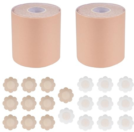 Wukemaoyi 2 Rollos Cinta Adhesiva Pecho, 7,5 cm x 5 m Sujetadores Cinta de Pecho Push Up en Tallas de Copa A-E, con 10 Pares Pezoneras Adhesivas Invisibles y Reutilizables(Piel Clara)