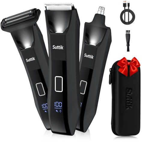 Suttik Manscape Body Trimmer for Men 3 in 1 Pubic & Ball Hair Trimmer Nose Hair Trimmer Wet/Dry Electric Razors Smooth No-Nick Shaving IPX7 Waterproof Men's Grooming Kit with Travel Case