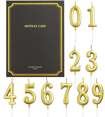 ARTISAN CAKE 10-Pieces Gold Numeral Birthday Candles, Cake Numeral Candles Number 0-9 Glitter Cake Topper Decoration for Birthday,Wedding Anniversary,Party Celebration