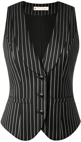 Belle Poque Gestreifte Weste für Damen Vintage Ärmellos Reverskragen Button-Down Arbeitsanzugwesten mit Taschen