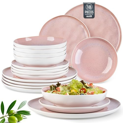 GBhome Steingut Geschirrset 6 Personen, 18-tlg Reaktive Glasur Handarbeit Geschirr Set, Mikrowellen- & Spülmaschinenfest Schüssel- und Teller Set, Perlrosa