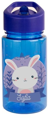 DEREGALOOS Botella Infantil Personalizada 440 ml. Bidón Personalizado Escolar con Nombre, Pajita y Asa. Animales León Conejo Panda Hipopótamo. Regalo Vuelta al Cole Niños Niñas (Azul - Conejo)