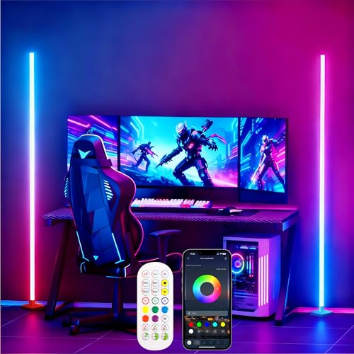 Flupuro 2 Pack DIY Corner Floor Lamps, ICRGB Floor Lamp with Music Sync and 16 Million Colors, Color Changing Standing Floor LED Lights for Bedroom Living Room Decor, Ambient Mood Lighting Gaming
