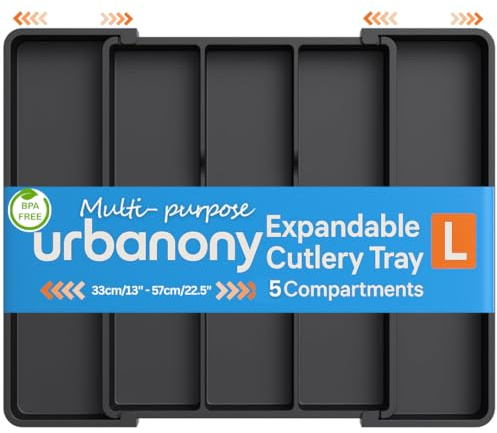 Urbanony Large Utensil Tray Expandable, Black 33-57x38cm Utensil Tray with 5 Compartments, Kitchen Drawer Divider for Spoons, Forks, Knives, Silverware Storage, Black