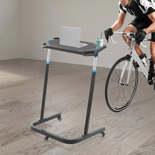 Rollentrainer Tisch Fahrradtrainer Laufbandtisch mit 2 Aussparungen für Tablet oder Smartphone, 2 Getränkehalter, Fitnesstisch Mit 8 Stufen Höhenverstellbarer