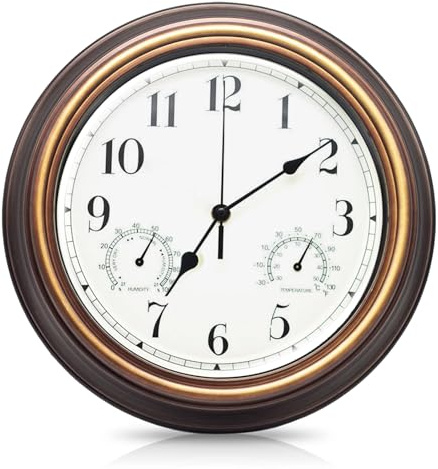 SUNOYA Horloge Murale, Horloge De Jardin, Horloges D'extérieur, Horloges Murale Étanche avec Thermomètre Hygromètre, 12 Pouces Vintage Étanche pour Terrasse, Piscine