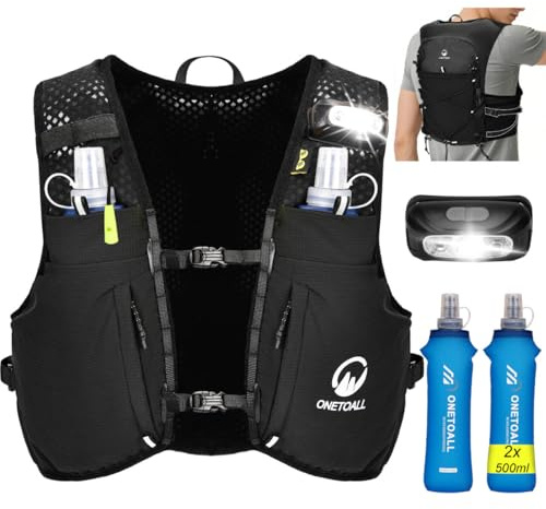 ONETOALL Gilet Running Uomo Donna, Zaino Trail Running con 2 Borraccia Morbida 500ml y Luce LED Ricaricabile, Gilet Corsa Leggero, Running Vest Zaino Corsa Zaino Idratazione per Trekking Ciclismo Sci