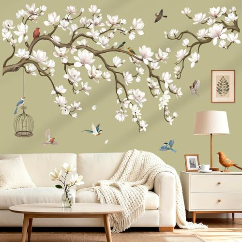 wondever Magnolia Flowers Tree Branch Wall Stickers White Floral Birds Peel and Stick Wall Art Decals for Living Room Bedroom Sofa