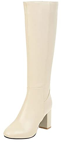 Generiska knähöga stövlar dam med klack, stövlar dam med klack läder vinterstövlar med dragkedja lång skaft stövlar eleganta slip-stövlar blockklack damstövlar mode stövlar, Beige, 40 EU
