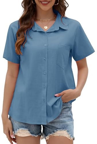 Yuson Girl Camicia Donna Estiva Camicetta Donna Manica Corta Camicette in Lino Casual Cotone Blusa Maglietta Scollo a V Tinta Unita Elegante Camicie Top con Bottoni