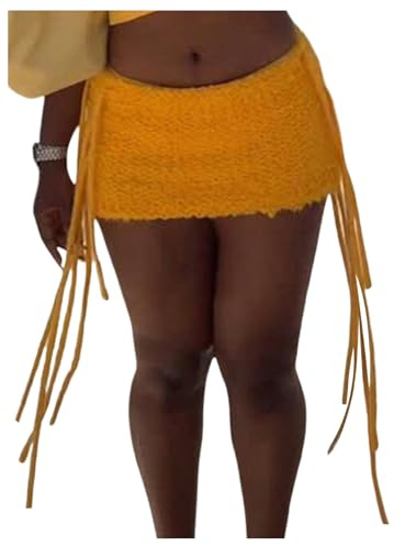 RoseSeek Women's Ribbon Side Knit Mini Skirt Low Rise Bodycon Skirts Beach Vacation Outfits Yellow Small