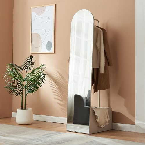 [en.casa] Ganzkörperspiegel Kuonta Standspiegel 165 x 40 x 51 cm Garderobenspiegel mit Kleiderständer Garderobenständer mit Kleiderstange und Staufach Sandfarben