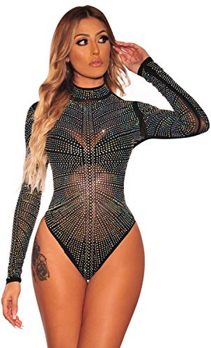 NBBNYJ Body Nero Donna Elegante Vintage Bodysuit Estivi Mesh Daimonds Manica Lunga Blusa Camicie Top Tuta Abbigliamento Nero-4 M