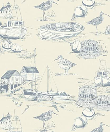 Arthouse Curlew Bay Grey Wallpaper 699300 - Nautical Coastal Fishing Boats Bird