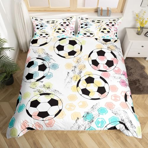 Feelyou Kids Football Bedding Set Sports Theme Comforter Cover for Child Boys Girls Soccer Ball Pattern Duvet Cover Breathable Colorful Grunge Style Bedspread Cover Room Decor Quilt Cover Full Size
