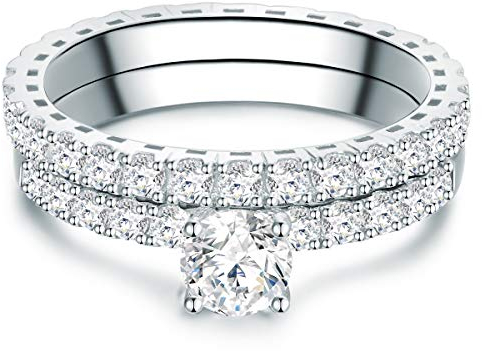 Trilani Damen Verlobungsring mit Beisteckring aus 925/- Sterling SilberZirkonia im Brillantschliff 2er Set Solitärring Ansteckring Vorsteckring