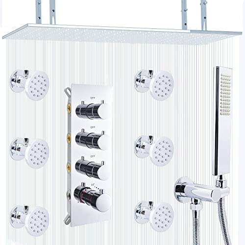 Delnet 20x40 Inch(50.8 * 101.6 Cm) Rain Shower System with Body Jets Concealed Chrome Luxury Large Thermostatic Shower Mixer Set