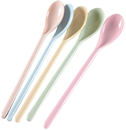 HugeDE 5 Pcs Long Handle Melamine Spoons Colorful Coffee Spoons Cocktail Stirring Spoons Yogurt Mixing Teaspoon for Ice Cream Milk