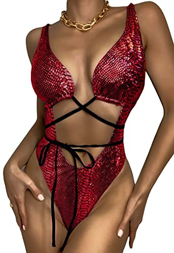 Womens Rave Wear One Piece Bodysuit Snakeskin Print Sexy Mentalic Halter Swimsuit for Festival Dance Rave Clothing