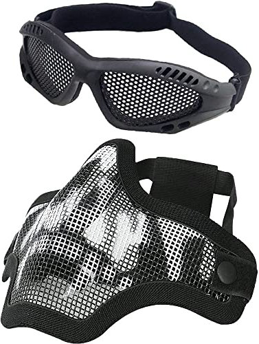 Tryway Tactical Airsoft Mask and Goggles Set | Half Face Skull Mesh Mask with Airsoft Eyeglasses for Outdoor CS Game and Hunting (Blacksk)