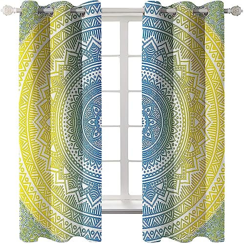 Homxi Gardinen 2er Set Blickdicht,2 x 107W x 244H cm,Vorhang Set Blickdicht Blau Gelb Mandala Druck Gardinen mit Ösen