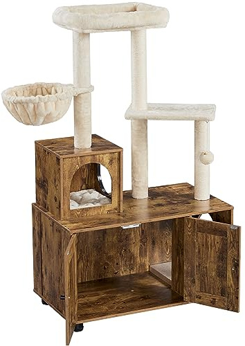 costoffs Cat Litter Box Enclosure with Cat Tree Tower, 80cm, Brown | MDF & Sisal Scratching Posts, Spacious Condo & Perch & Hidden Washroom, For Indoor Cats Multi-Cat Household Large Litter